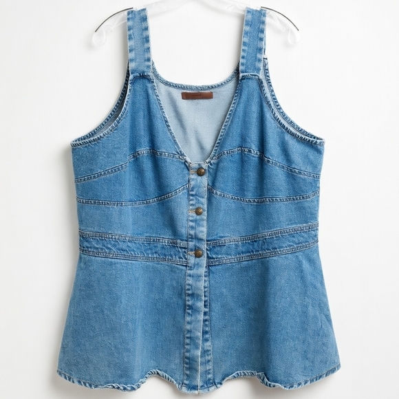 eshakti Tops - eshakti Light Blue Denim Tank with Leather Logo Patch